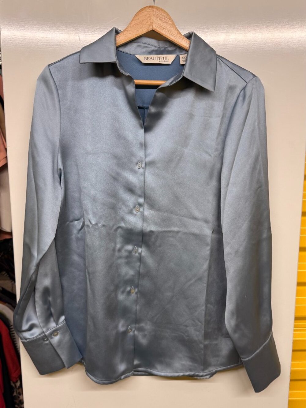 Beautiful by Lawrence Zarian Satin Button Front Blouse - Steel Blue -  Size XXS